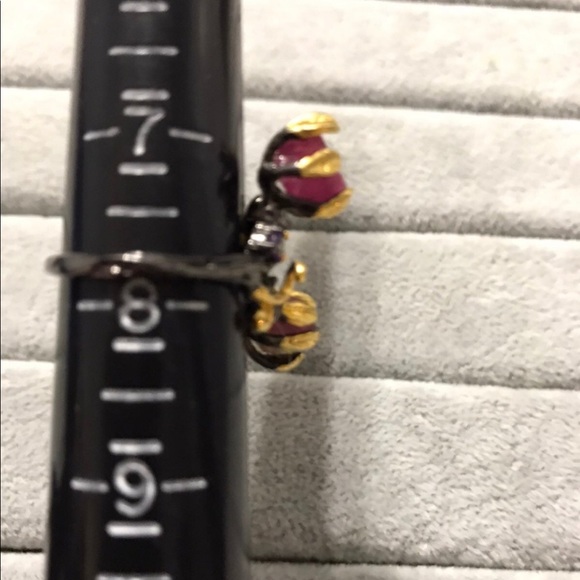 New OOAK Sterling Silver Rhodium Plated Pink Ruby Floral Leaf Ring Size 7.75 - Picture 6 of 14